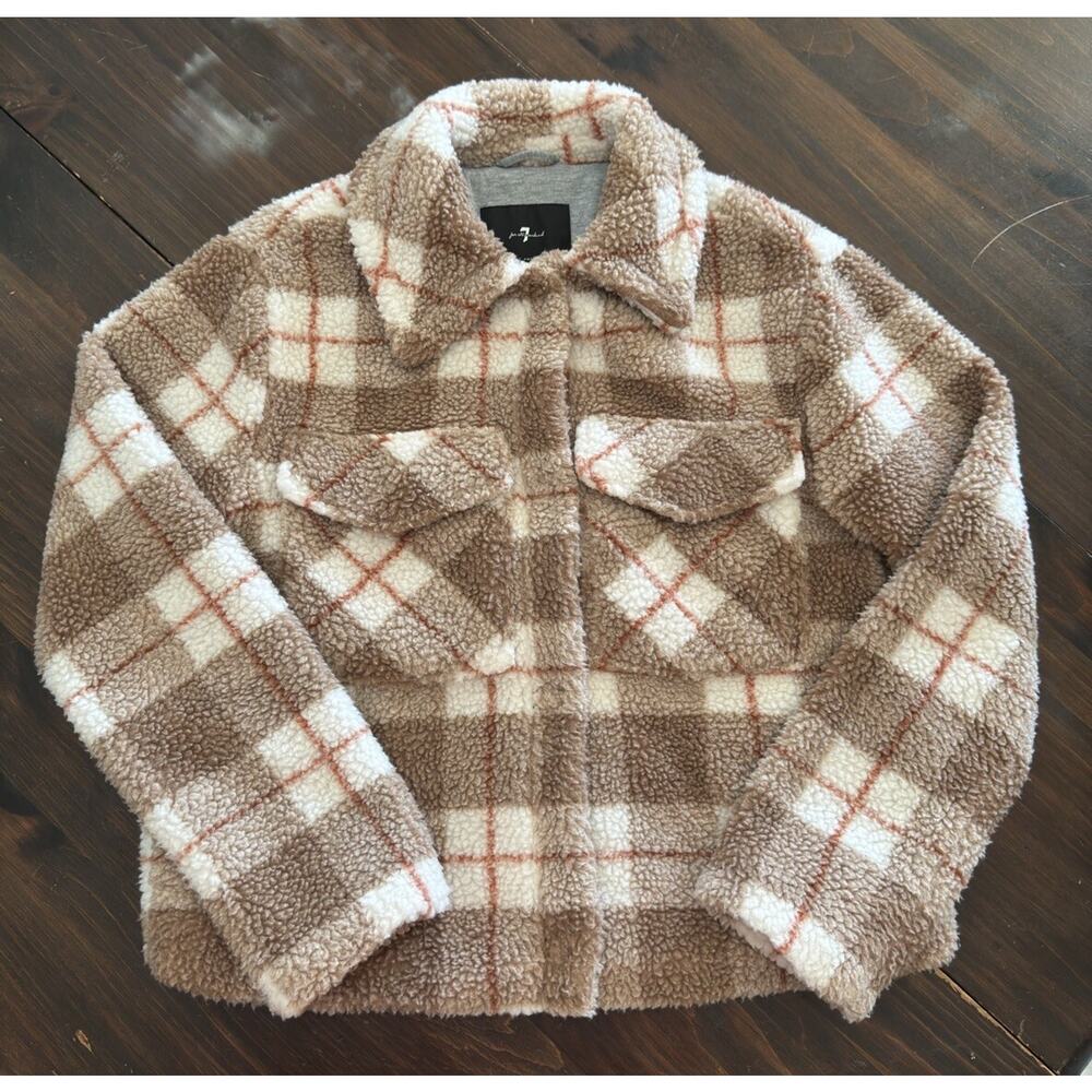 7 Seven For All Mankind Sherpa Tartan Plaid Trucker Jacket Cream & Brown Small